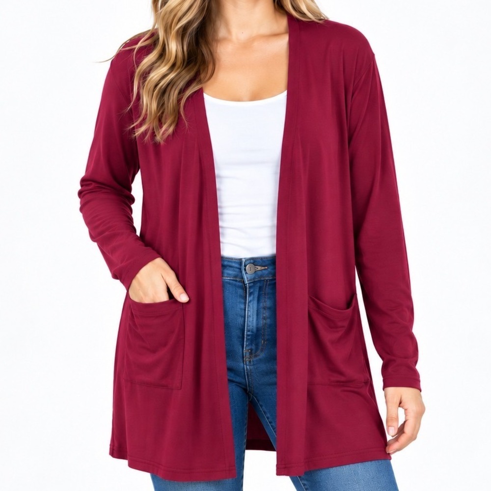 Burgundy Open Front Longline Cardigan XXL Stretch Pocket Duster Layering Top